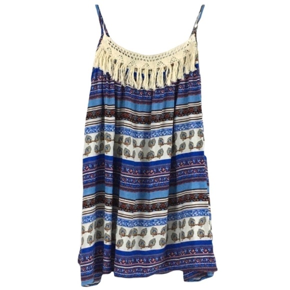 Umgee Blue Boho Crochet & Fringe Trimmed Cami Top Size Medium - Picture 1 of 8